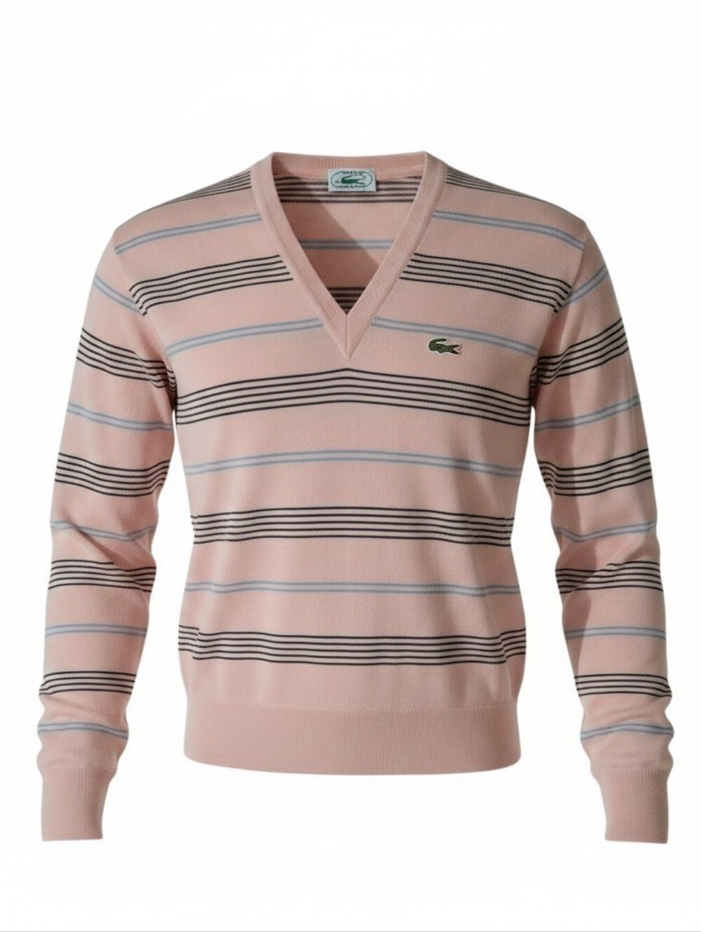 NOS Deadstock Vintage Men's Izod Lacoste Pink Grey Blue Stripe V-Neck Sweater